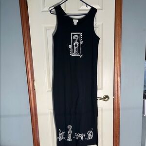 VTG-90s-Cite-M-black&white sleeveless artsy cat graphics maxi dress made in USA.